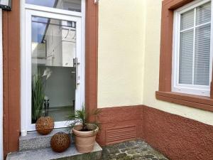 a house with two potted plants in front of a window at Gemütlich & einzigartig: Altbauloft in Edenkoben in Edenkoben