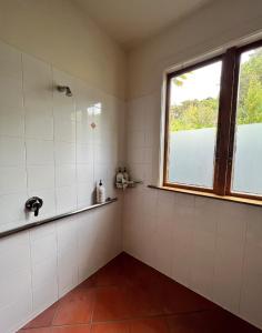 a bathroom with a shower with a window and a sink at Forest Hideaway ~ Rustic in Coromandel Town