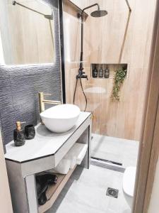 een badkamer met een wastafel, een toilet en een douche bij Modh Patras City Centre - Entire flat in Patra