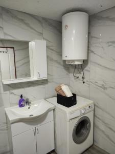 a bathroom with a washing machine and a sink at Maky Apartment in Bački Petrovac