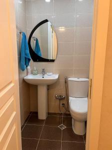 y baño con aseo, lavabo y espejo. en Apartment Samir mida en Bakú