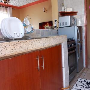 - une cuisine avec un comptoir et une cuisinière four supérieur dans l'établissement Pearl apartment roysambu one bedroom, à Nairobi