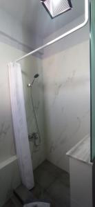 een douche met een douchegordijn in de badkamer bij Bed & Business in Drama