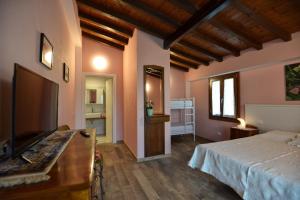 ein Schlafzimmer mit einem Bett und einem TV in einem Zimmer in der Unterkunft Agriturismo le Orchidee di Corazza in Picedo
