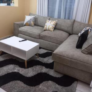 ナイロビにあるPearl apartment roysambu one bedroomのソファとコーヒーテーブルのあるリビングルーム