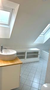 ein Bad mit einem Waschbecken und einem Fenster in der Unterkunft City Apartment Sankt Pölten in Sankt Pölten
