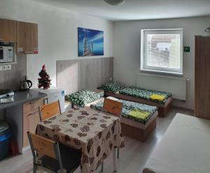 Šarlužky-KajsaにあるUBYTOVANIE NITRA – Lužianky Privát Ivetaのテーブルと椅子、キッチンが備わる客室です。
