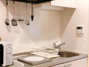 a kitchen with a sink and utensils on the wall at Dolce Shibuya in Tokyo