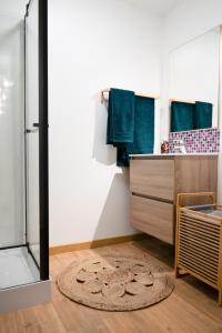 bagno con doccia e tappeto di Chez Rose - Plein Centre Historique a Langres