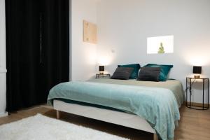 a bedroom with a large bed with blue pillows at Chez Rose - Plein Centre Historique in Langres