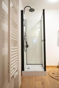 W łazience z przeszklonymi drzwiami znajduje się prysznic. w obiekcie Chez Rose - Plein Centre Historique w mieście Langres