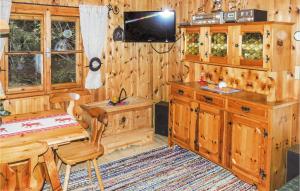 eine Küche mit einem Schreibtisch und einem TV in einer Hütte in der Unterkunft Awesome Home In Pillberg With Sauna in Hochpillberg