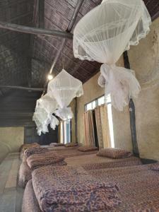 Ban Tham的住宿－ห้องนอนรวม，一间设有一排带白色遮阳伞的床的房间