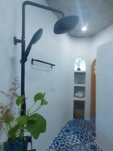 ein Bad mit einem Ventilator und einer Pflanze in einem Zimmer in der Unterkunft Santa Fe House - Gành Đá Đĩa in Phú Hạnh (5)