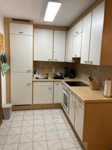 eine Küche mit weißen Schränken und einem Waschbecken in der Unterkunft Ferienwohnung Kniebis am Wald in Freudenstadt