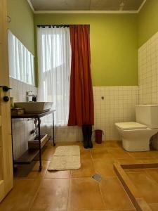 łazienka z umywalką, toaletą i oknem w obiekcie Bakuriani 44 w mieście Bakuriani