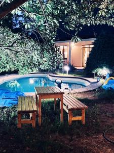 einen Picknicktisch und eine Bank neben einem Pool in der Unterkunft Evie's Tree House in Dragomirna