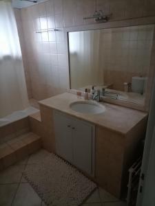 uma casa de banho com um lavatório, um espelho e uma banheira em Villa Elena em Kalamata