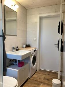 a bathroom with a sink and a washing machine at Ferienwohnung am Tor zum Berner Oberland in Steffisburg