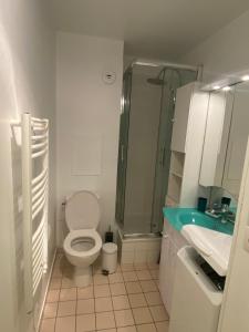 een badkamer met een toilet, een douche en een wastafel bij Le Petit Nid du Port Crouesty - Studio au calme in Arzon