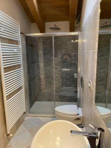 a bathroom with a shower and a toilet and a sink at Interno 8 appartamento con box auto privato gratuito in Ferrara
