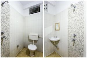 2 immagini di un bagno con servizi igienici e lavandino di Hotel Punjab a Rourkela