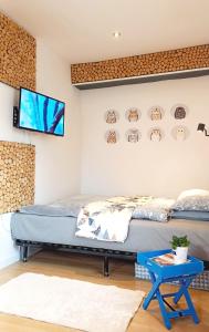 ein Schlafzimmer mit einem Bett und einem TV an der Wand in der Unterkunft miniSowa in Jedlina-Zdrój