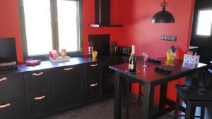 una cocina con armarios negros y una pared roja en Le Spa du Verger de Firmin - jacuzzi intérieur privé en Foix