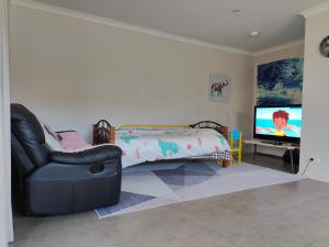 a bedroom with a couch and a bed and a television at Breeza Haven - Your Home Away From Home in Kingston