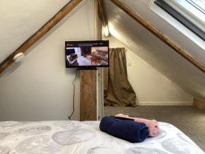 1 dormitorio con 1 cama y TV en la pared en Barn 5 en Vigo Village
