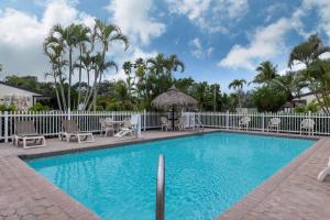 a swimming pool with chairs and a fence and palm trees at Travelodge by Wyndham Florida City/Homestead/Everglades in Florida City