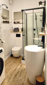 ein Bad mit einer Badewanne, einem Waschbecken und einer Dusche in der Unterkunft miniSowa in Jedlina-Zdrój