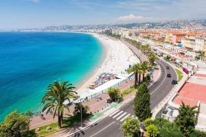 vistas a una playa con palmeras y al océano en Agréable deux pièces spacieux / climatisé / balcon, en Niza