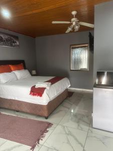 een slaapkamer met een bed en een plafondventilator bij KKK Guesthouse in Secunda