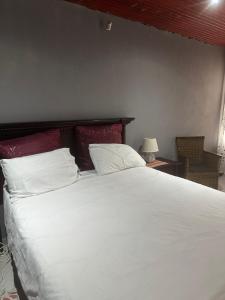 een groot bed met witte lakens en rode kussens bij KKK Guesthouse in Secunda