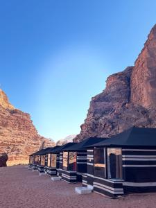 a row of tents on a beach in the desert at Wadi rum Golden land camp in Wadi Rum