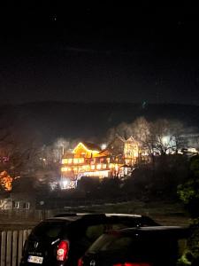 a house on a hill with a fire at night at Doftana Apartaments in Teşila