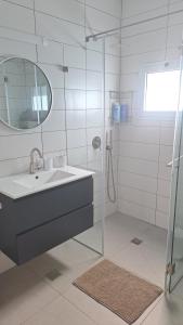 uma casa de banho com um lavatório e uma cabina de duche em vidro. em כוכב הגלבוע em Gan Ner