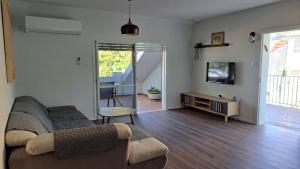 a living room with a couch and a tv at כוכב הגלבוע in Gan Ner