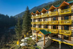 an aerial view of a resort building with balconies at The Hosteller Manali, Old Manali in Manāli