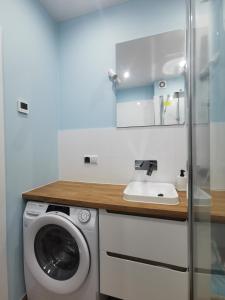 uma casa de banho com uma máquina de lavar roupa e um lavatório em Apartament SKALNIAK em Kudowa-Zdrój