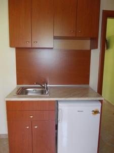 a kitchen with wooden cabinets and a sink and a refrigerator at Oneiro Studios in Loutra Edipsou