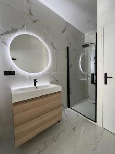 ein Bad mit einem Waschbecken, einem Spiegel und einer Dusche in der Unterkunft Appartement standing coeur de Vendôme Caroline Paul Officiel in Vendôme