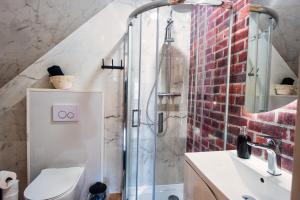 a bathroom with a shower and a toilet and a sink at Przystań nad Sanem z widokiem na góry i rzekę in Tyrawa Solna +188 photos