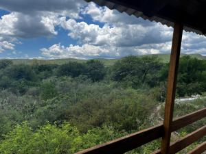 uma vista para os bosques a partir do alpendre de um chalé em La isla em San Marcos Sierras
