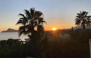 a sunset with two palm trees and the ocean at El jardin Botánico Villa LUZ in Altea