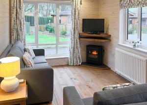 a living room with a couch and a fireplace at Dovestone Holiday Park in Greenfield