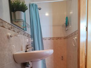 uma casa de banho com um lavatório e uma cortina de chuveiro azul em Casa Heli - Ruim appartement met dakterras in Polopos em Polopos