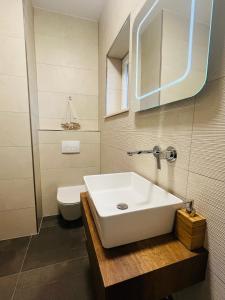 ein Badezimmer mit einem weißen Waschbecken und einem WC in der Unterkunft Villa Luisa Pucisca - 2 Häuser, 6 Schlafzimmer Insel Brac - Pool, Grill, Kamin, Tischtennis, Boccia in Pučišća