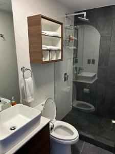 La salle de bains est pourvue de toilettes, d'un lavabo et d'une douche. dans l'établissement EÓN 13 - Apto moderno con aire acondicionado, à Guatemala